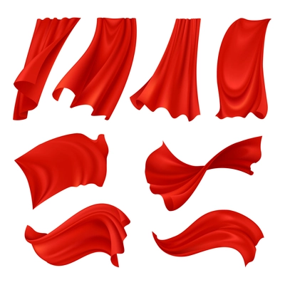 Realistic billowing red cloth set of fabrics in various positions isolated on white background vector illustration