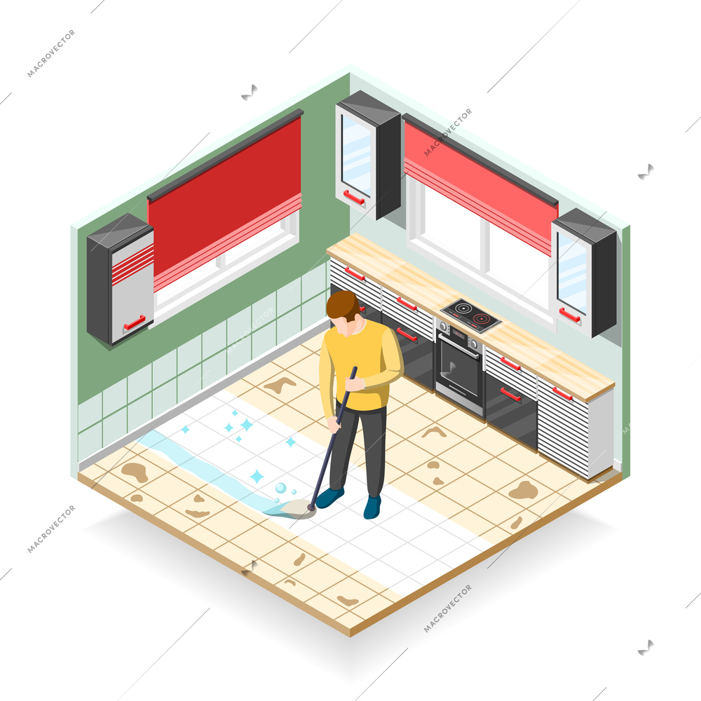 Home cleaner isometric composition with man during mopping dirty floor at kitchen vector illustration