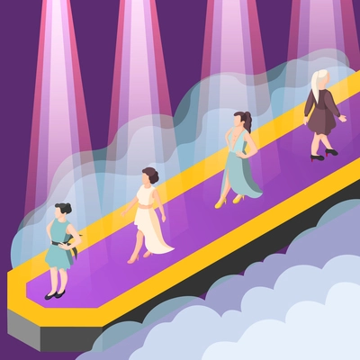 Presentation of fashion clothing collection isometric composition with models on catwalk in rays of spotlight vector illustration