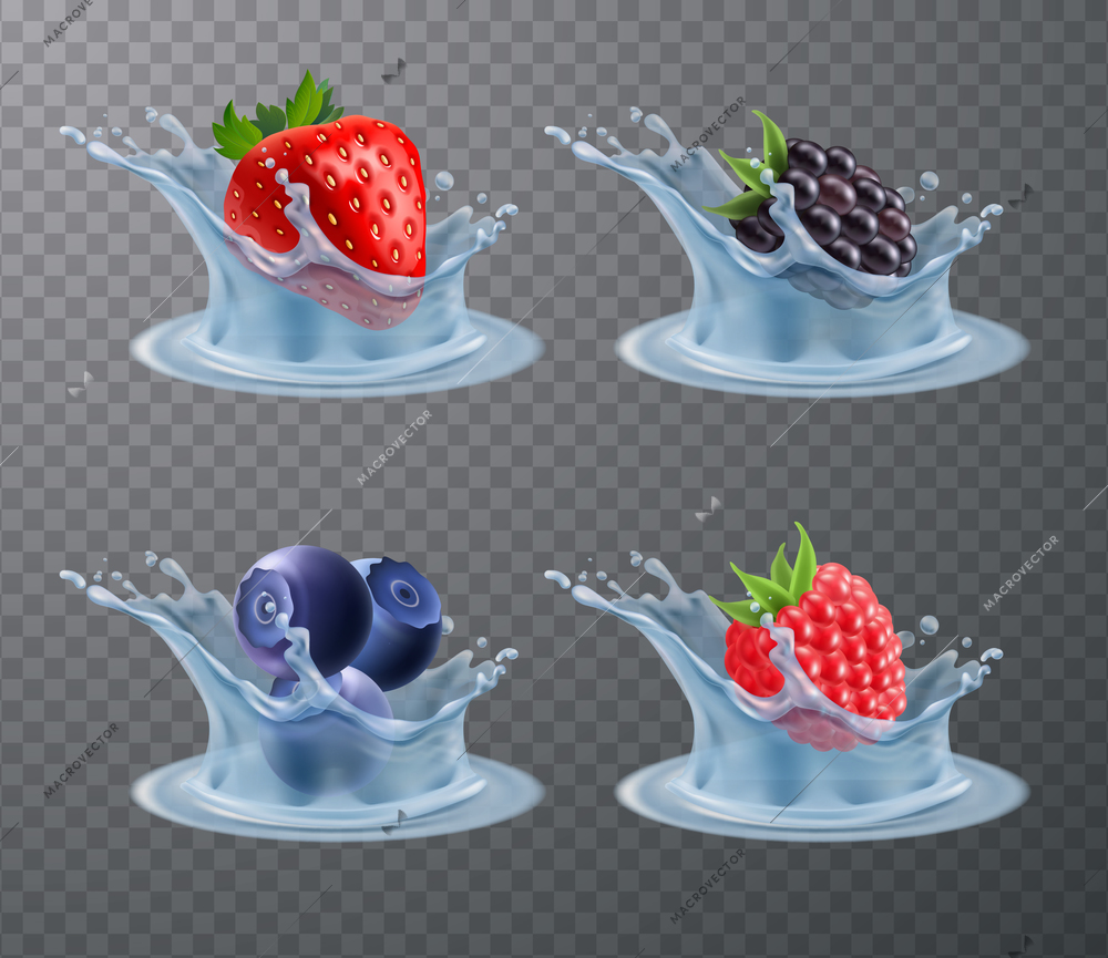 Set of realistic berries strawberry, raspberry, blueberry, blackberry in water splashes isolated on transparent background vector illustration