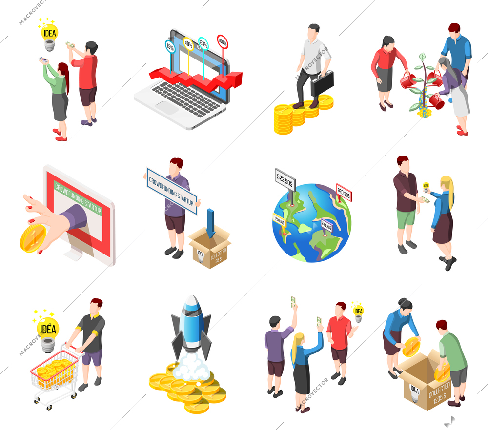 Set of isometric icons with creative idea, crowdfunding startup, international financial investment, collect money isolated vector illustration