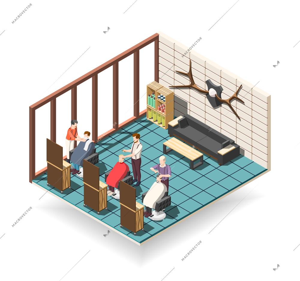 Hair salon for men isometric composition with stylists and customers, professional equipment, waiting area vector illustration