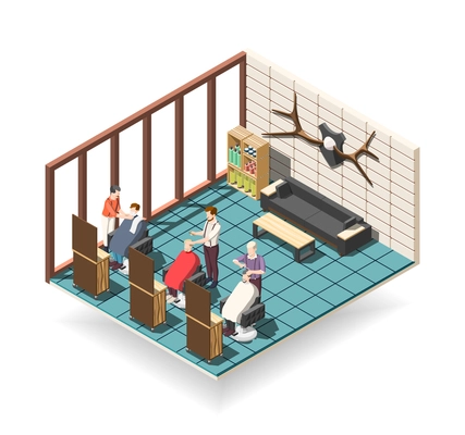 Hair salon for men isometric composition with stylists and customers, professional equipment, waiting area vector illustration