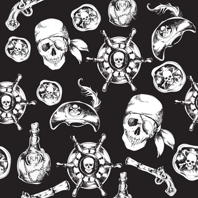 Hand drawn black and white pirates seamless pattern with hat rum bottle gun vector illustration