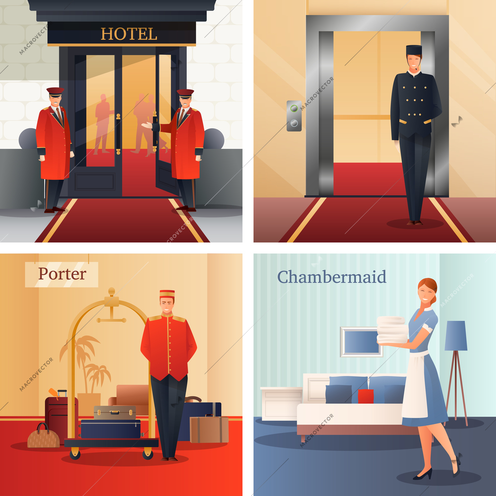 Hotel staff flat gradient design concept with doormen, elevator operator, porter with baggage, maid isolated vector illustration