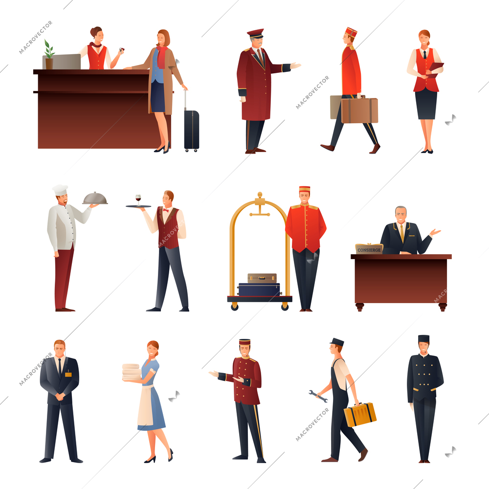 Hotel staff set of flat gradient icons with manager, doorman, guard, maid, chef, receptionist isolated vector illustration