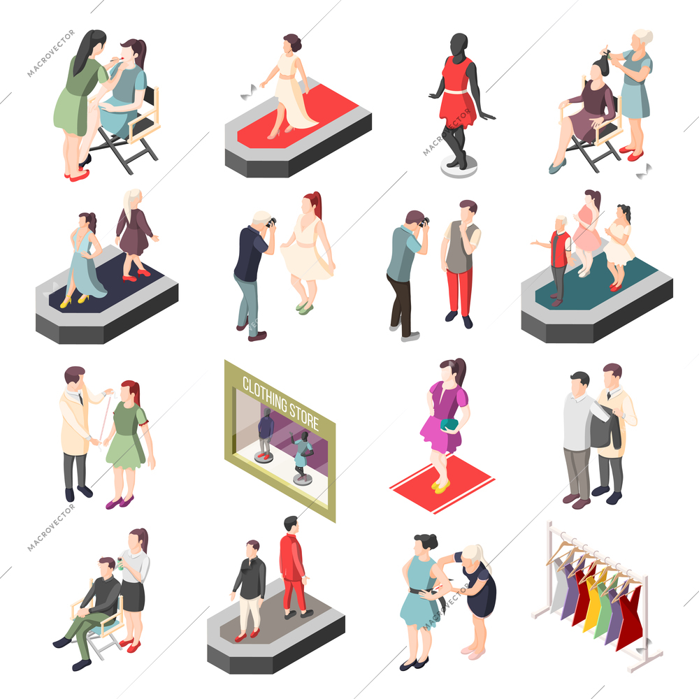 Fashion industry set of isometric icons with models on catwalk, photographer, stylist and visagiste isolated vector illustration