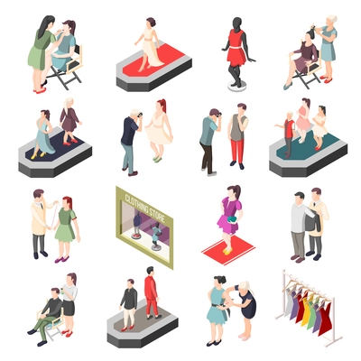 Fashion industry set of isometric icons with models on catwalk, photographer, stylist and visagiste isolated vector illustration