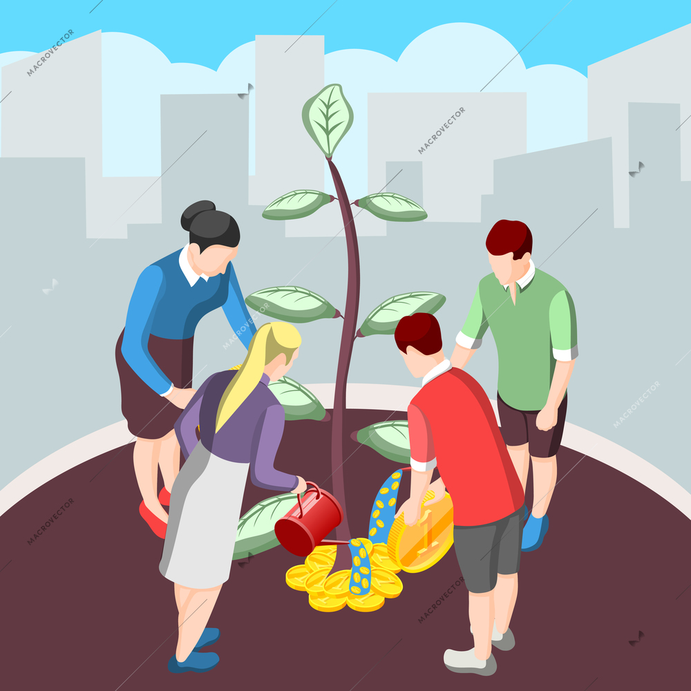 Nurturing idea for crowdfunding isometric background with persons watering tree and giving money vector illustration