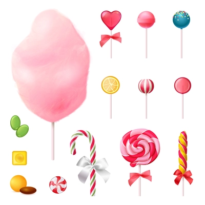 Sweets set of realistic icons with decorated lollipops, cotton candy on stick, colorful caramels isolated vector illustration