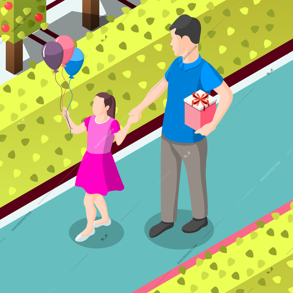 Father and daughter with gifts for birthday during stroll in park isometric background vector illustration