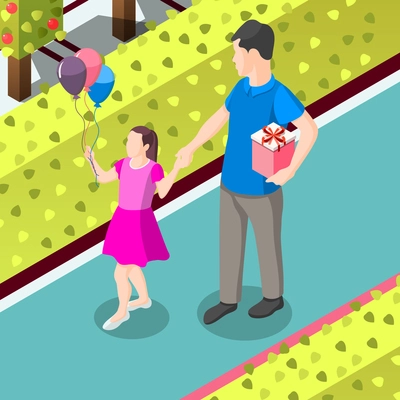 Father and daughter with gifts for birthday during stroll in park isometric background vector illustration