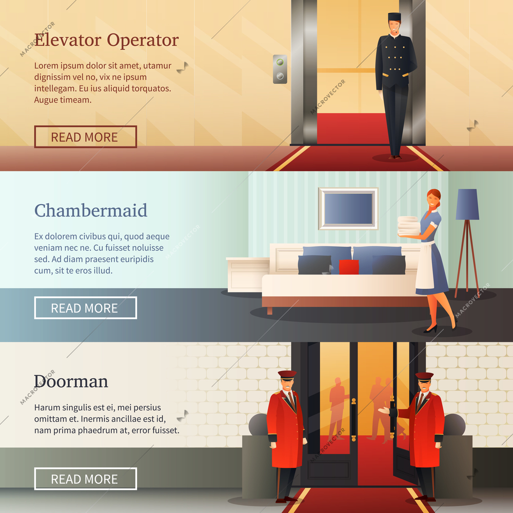 Hotel staff horizontal banners with elevator operator, maid with bed linen, doorman near entrance isolated vector illustration