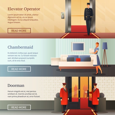 Hotel staff horizontal banners with elevator operator, maid with bed linen, doorman near entrance isolated vector illustration