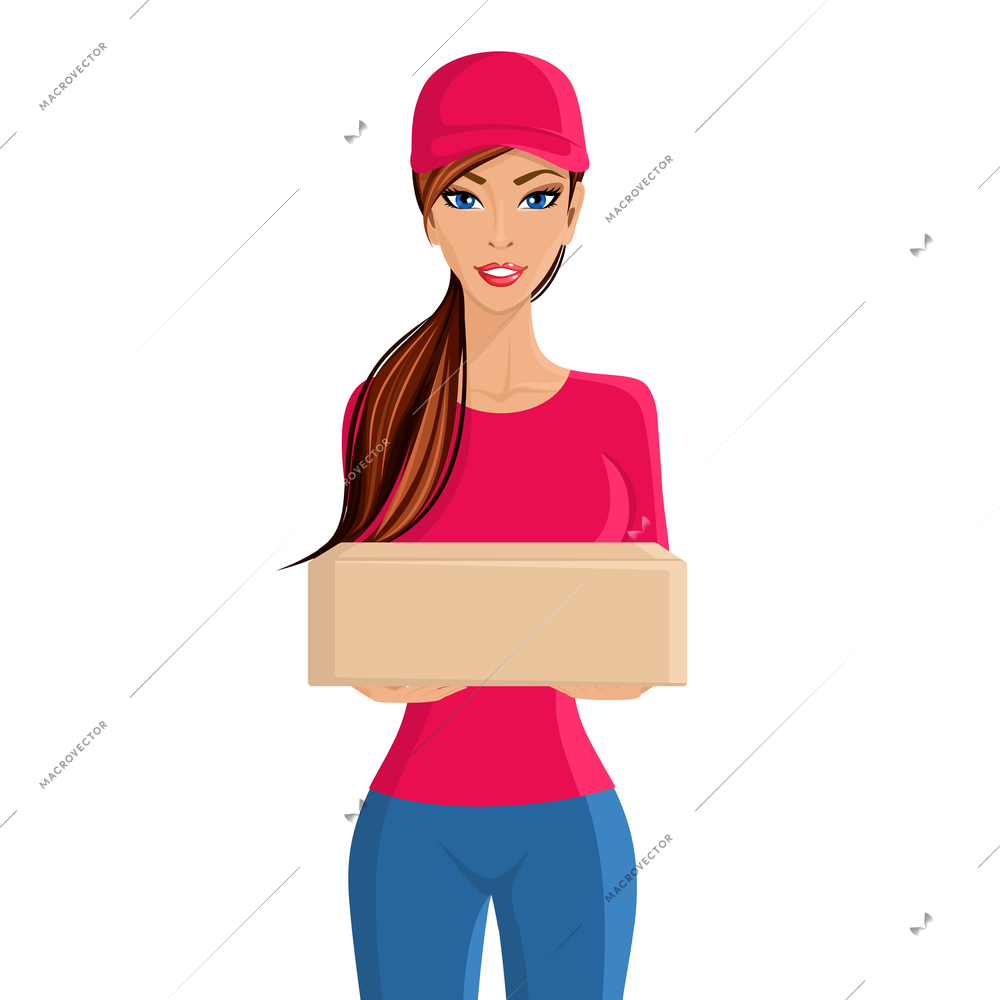 Young woman delivery person with cardboard box portrait isolated on white background vector illustration.