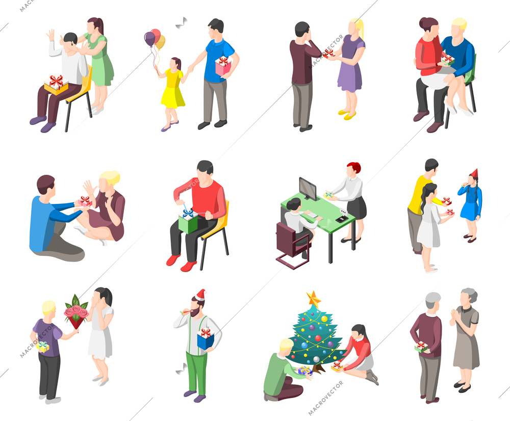 Set of isometric icons people with gifts during romantic meeting, christmas celebration, birthday isolated vector illustration