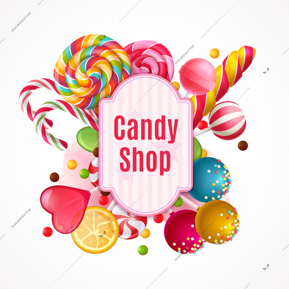 Decorative frame with realistic candies, colorful lollipops of various shape on white background vector illustration