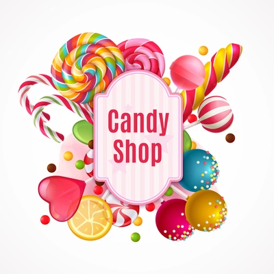 Decorative frame with realistic candies, colorful lollipops of various shape on white background vector illustration