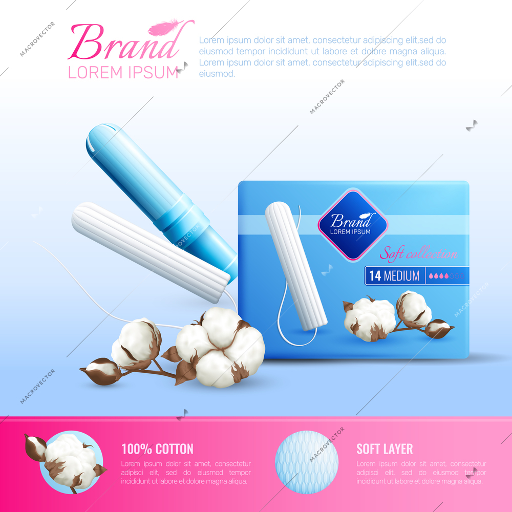 Feminine hygiene realistic poster with tampons brand symbols vector illustration