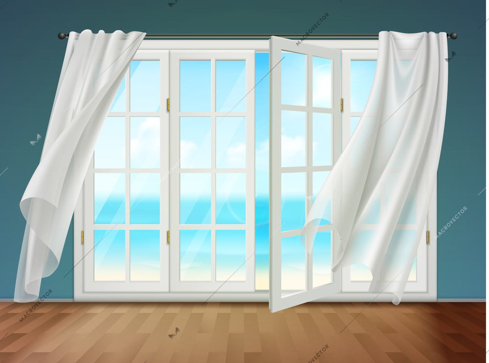 Room with view on sea from open window and fluttering curtains hanging on cornice 3d vector illustration