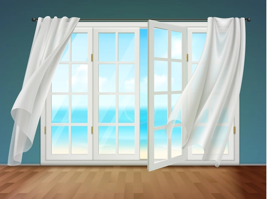 Room with view on sea from open window and fluttering curtains hanging on cornice 3d vector illustration
