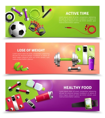 Fitness gym horizontal banners set with healthy food symbols realistic isolated vector illustration