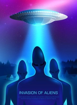 Alien invasion with spaceship lights and humanoids symbols realistic vector illustration