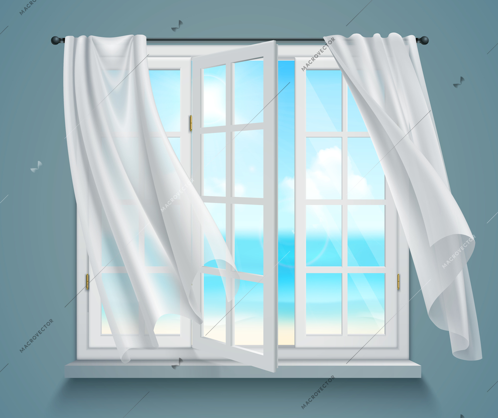 Open window with billowing white curtains and view on sea on blue grey background 3d vector illustration