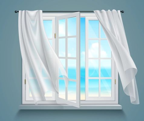 Open window with billowing white curtains and view on sea on blue grey background 3d vector illustration