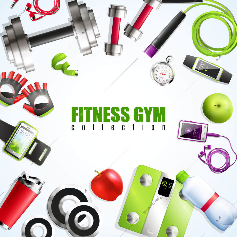 Fitness gym realistic set with equipment and accessories symbols vector illustration