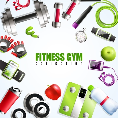 Fitness gym realistic set with equipment and accessories symbols vector illustration