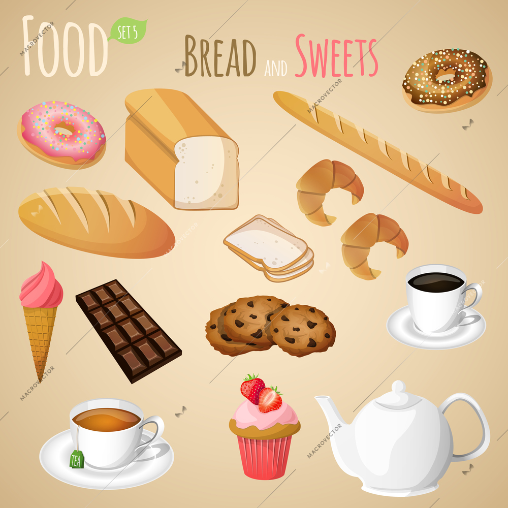 Fresh natural bread and sweets set with tea and coffee cup isolated vector illustration