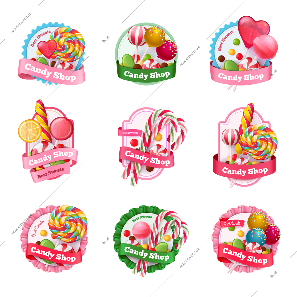 Candy shop set of emblems with colorful fruit lollipops of various shape, spiral sweets isolated vector illustration