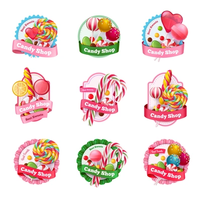 Candy shop set of emblems with colorful fruit lollipops of various shape, spiral sweets isolated vector illustration