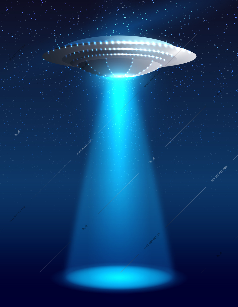 Alien realistic spaceship with light night sky and stars vector illustration