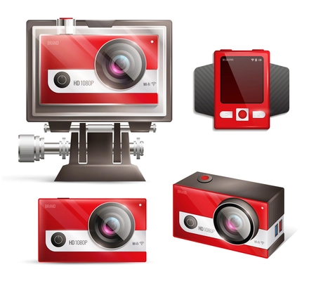 Action camera realistic set with shock resistant case isolated vector illustration