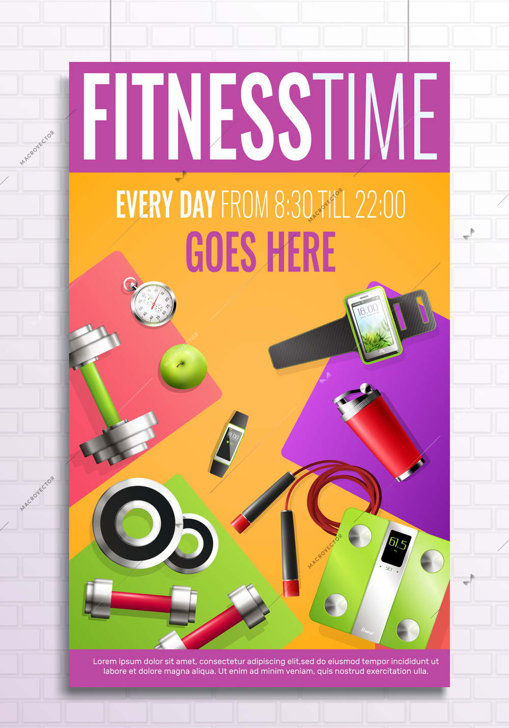 Fitness time poster with fitness club symbols realistic vector illustration