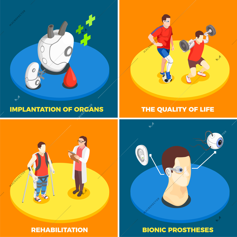 Medical technology 2x2 design concept with implantation of organs bionic prosthesis life quality and rehabilitation isometric square icons vector illustration