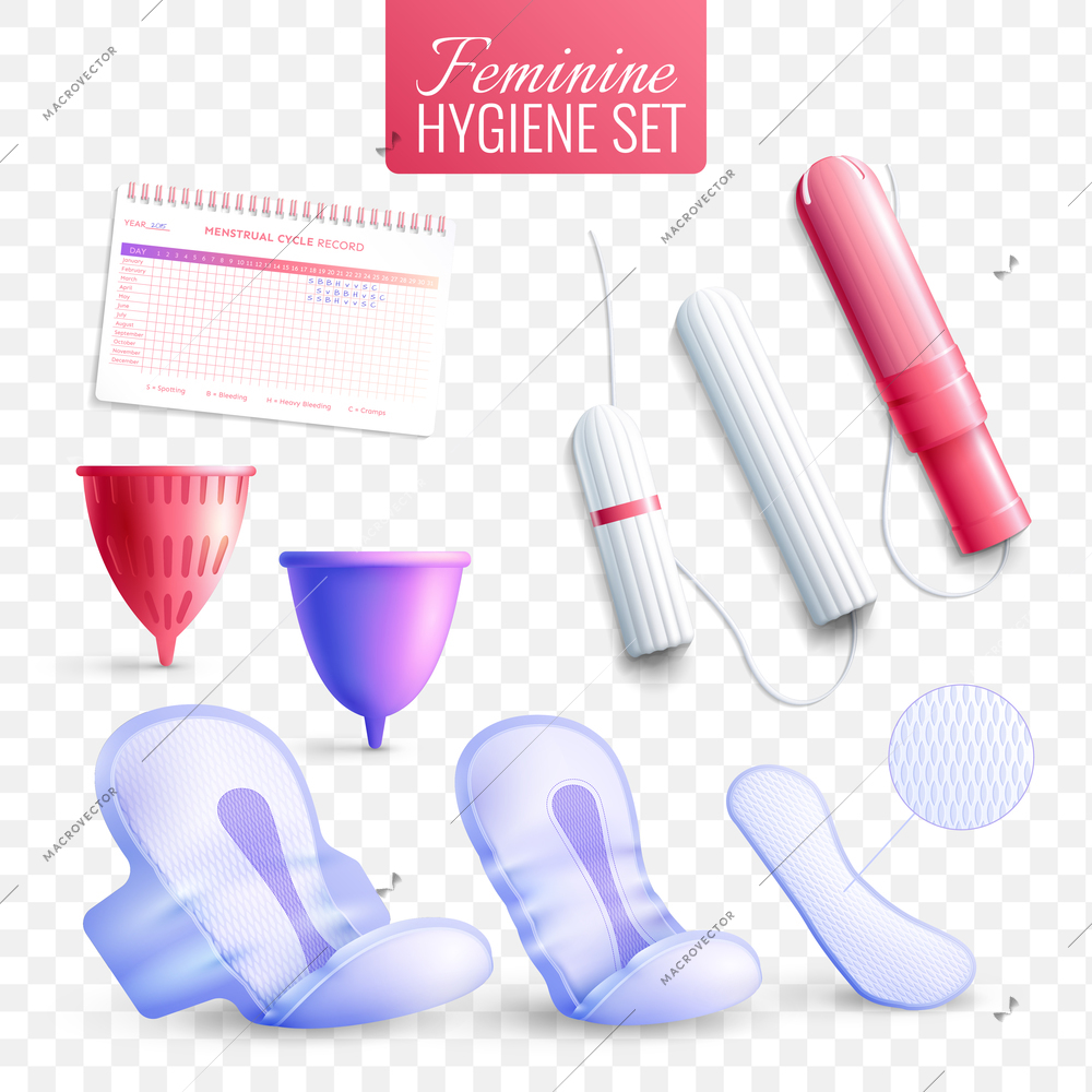 Feminine hygiene transparent realistic set with menstruation period symbols isolated vector illustration