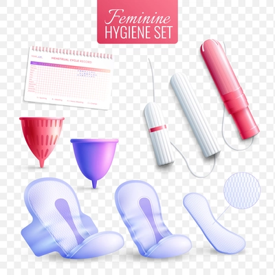 Feminine hygiene transparent realistic set with menstruation period symbols isolated vector illustration