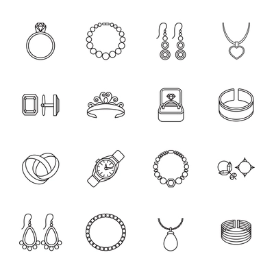 Jewelry outline icons set of bracelet ring necklace isolated vector illustration