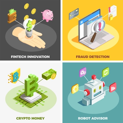 Financial technology 2x2 design concept set of fintech innovation fraud detection crypto money robot advisor square compositions isometric vector illustration