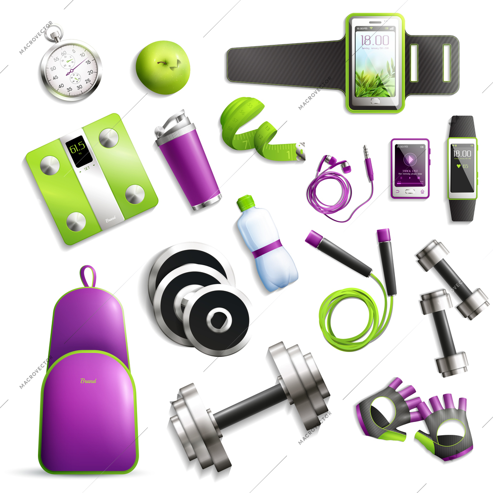 Fitness gym realistic set with equipment and accessories symbols isolated vector illustration