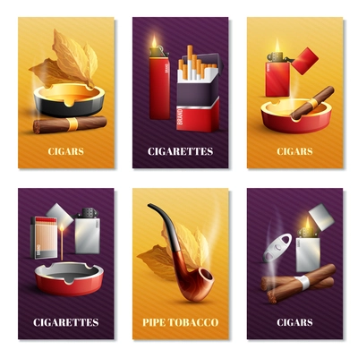 Tobacco products realistic cards set with pipe and cigars symbols isolated vector illustration