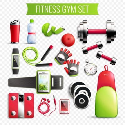 Fitness gym transparent realistic set with active time symbols isolated vector illustration