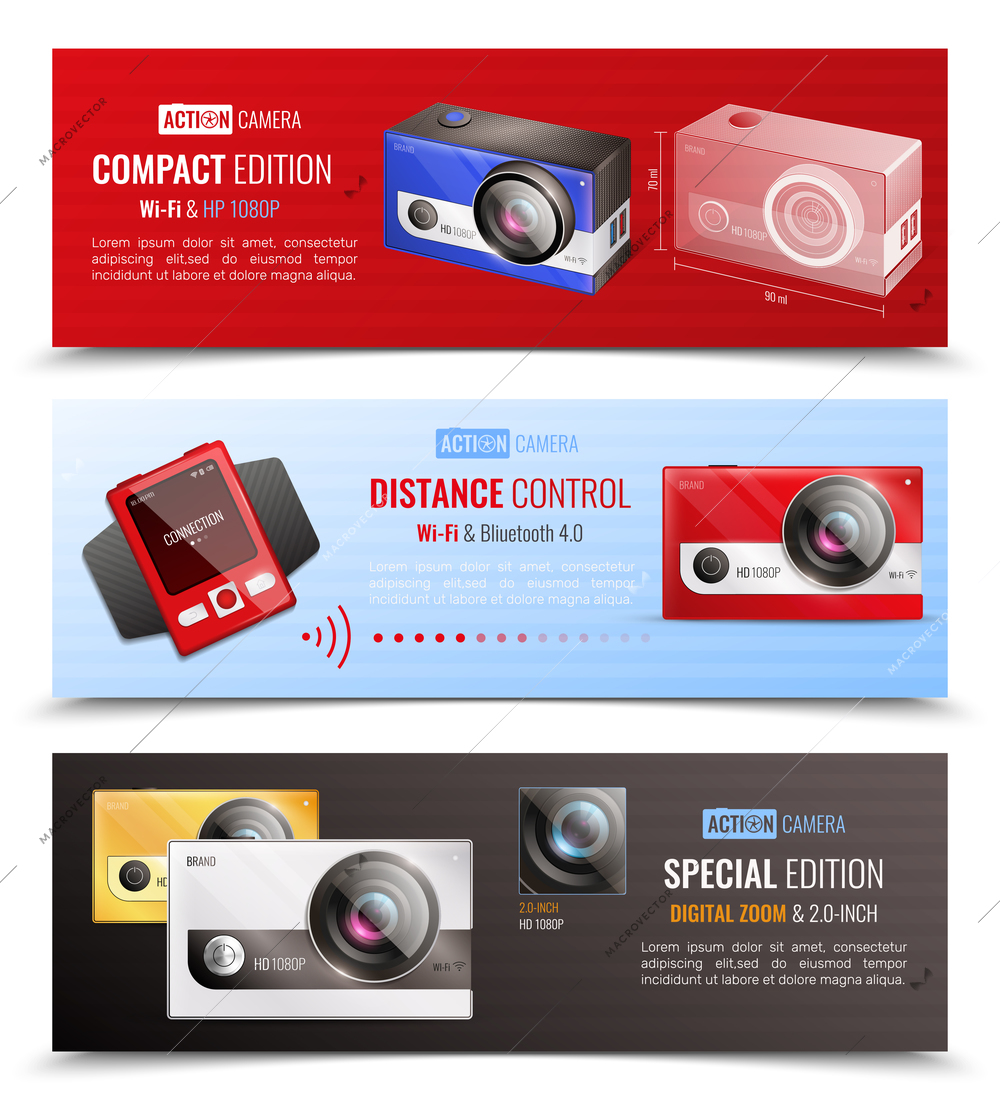 Action camera horizontal banners set with distance control symbols realistic isolated vector illustration