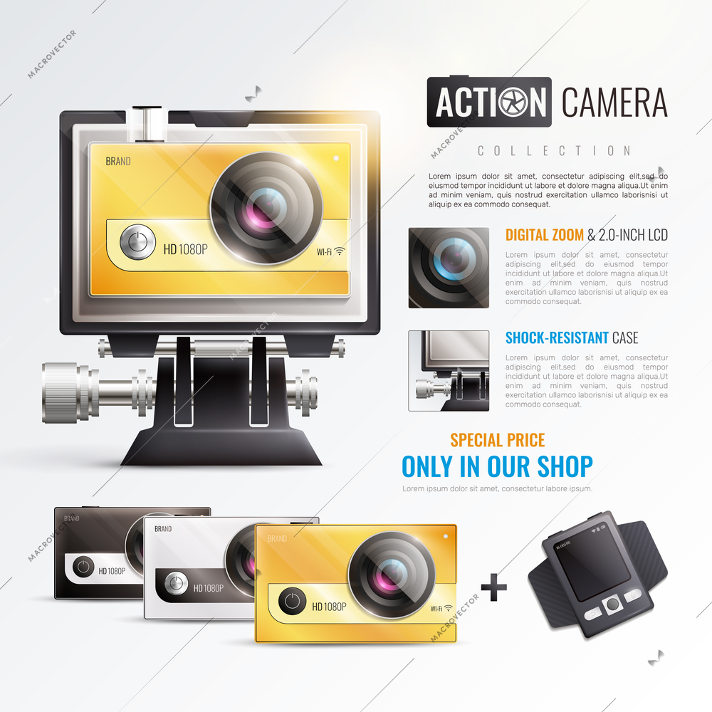 Action camera poster with digital zoom symbols realistic vector illustration