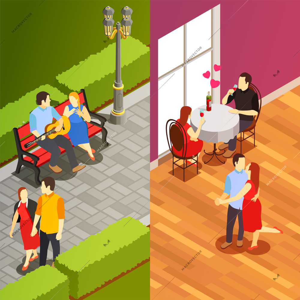 Dating vertical banners with couples having romantic dinner in restaurant and meeting in city park isometric vector illustration