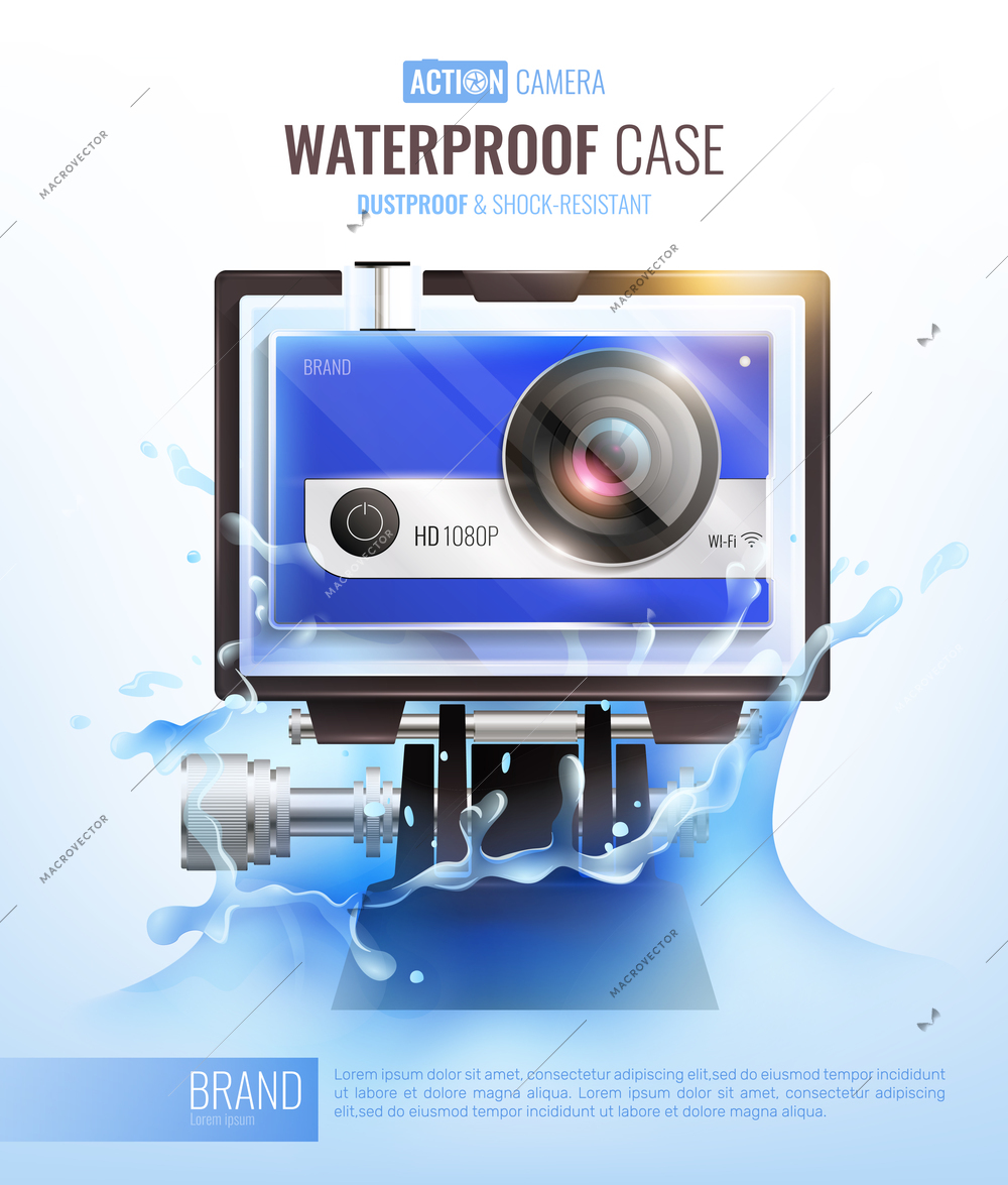 Action camera and waterproof case poster with dustproof case symbols realistic vector illustration