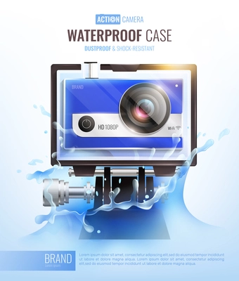 Action camera and waterproof case poster with dustproof case symbols realistic vector illustration